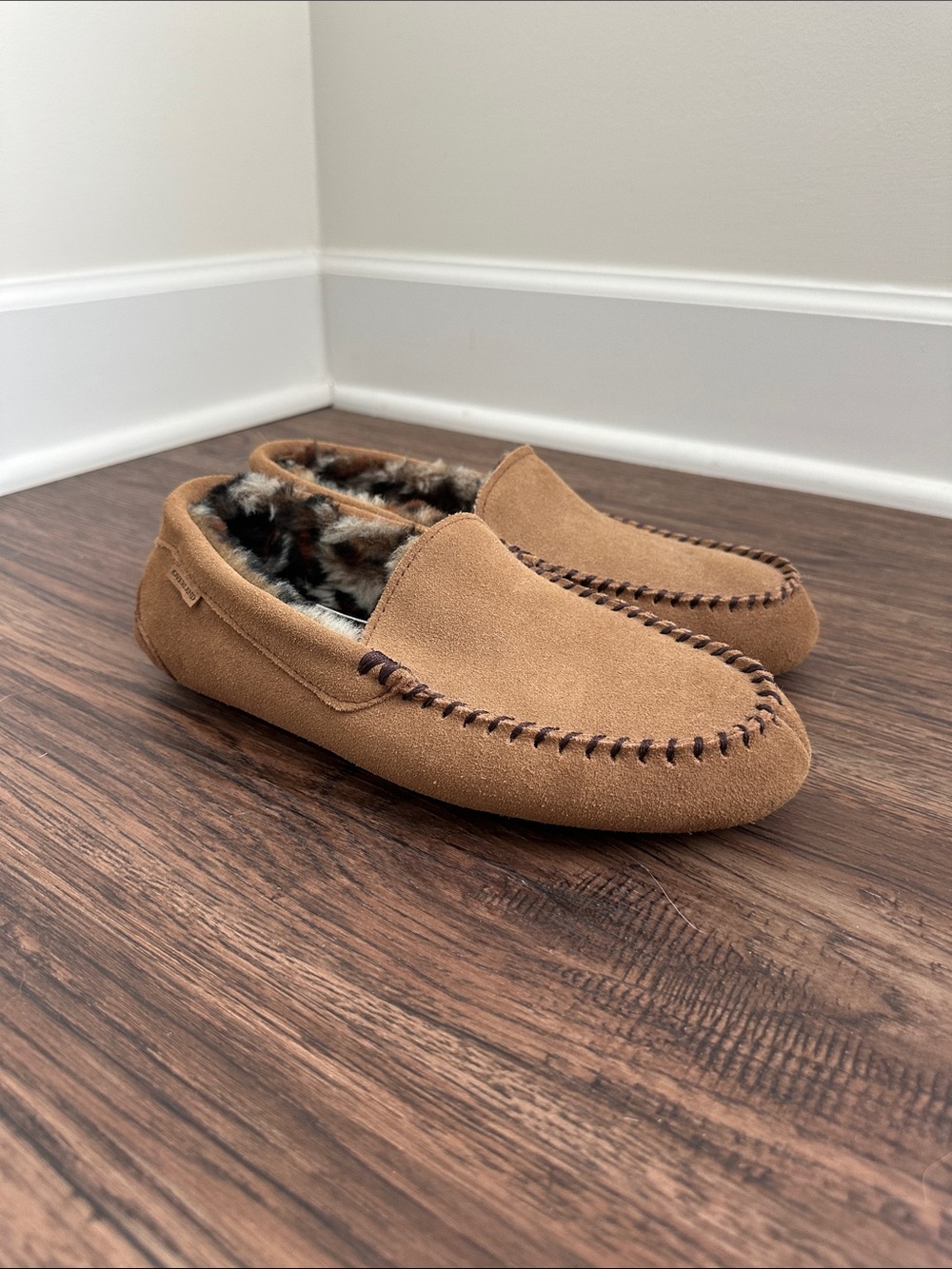 Women’s Tan Suede Moccasin Slippers with Faux-Fur Lining